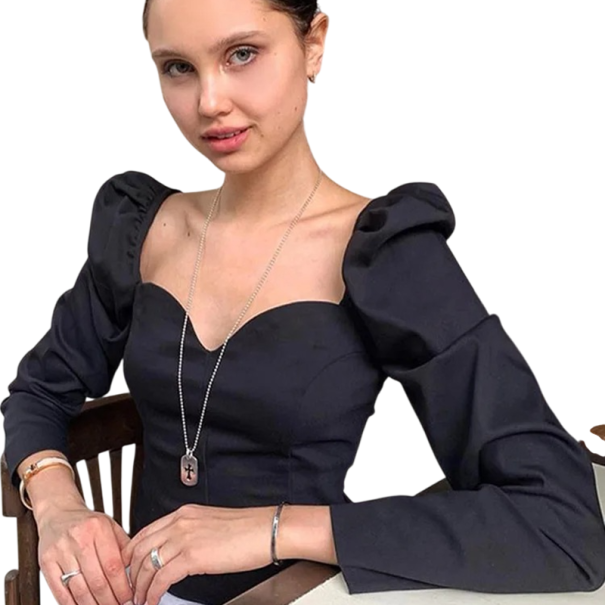 Blusa negra de mujer con fruncido Escote en V Manga larga Blusa elegante de un solo color de poliéster y elastano S