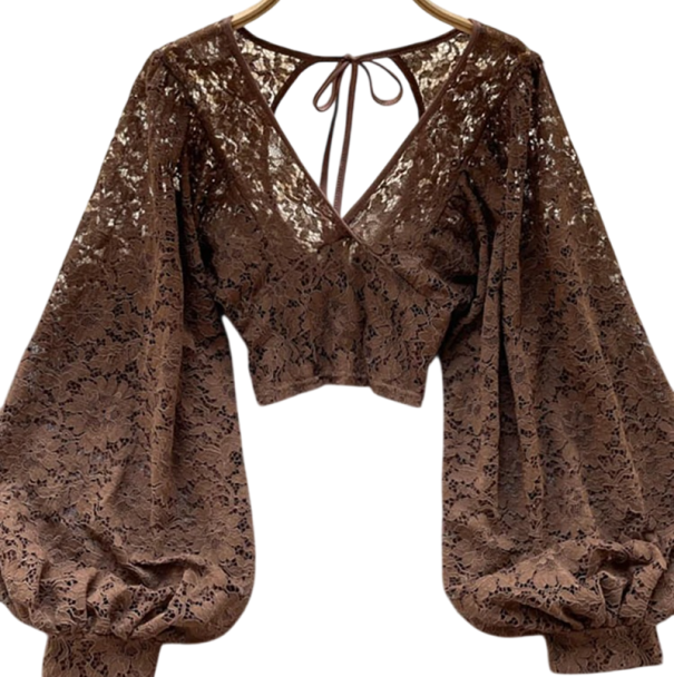 Blusa semitransparente para mujer Talla universal Escote en V Manga larga Fruncido Cierre en la nuca marrón