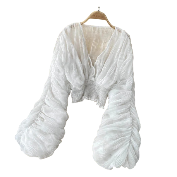 Blusa semitransparente para mujer Talla universal Escote en V Manga larga Fruncido Cinta en la cintura Elegante blanco
