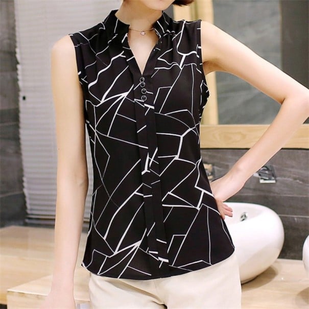 Blusa sin mangas para mujer con estampado Cuello con escote en V y cuatro botones Cinta decorativa fluida Poliester cómodo L 2