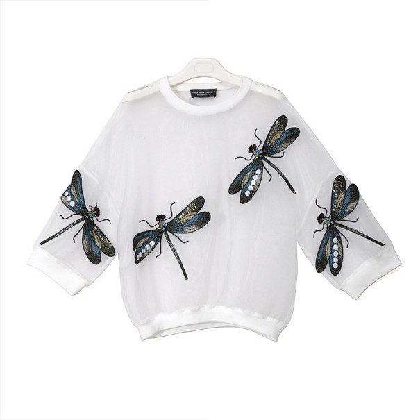 Blusa transparente de mujer con libélulas blanco