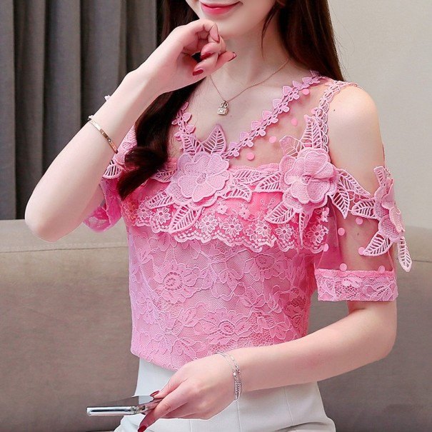 Bluză dantelă de damă A1045 roz M