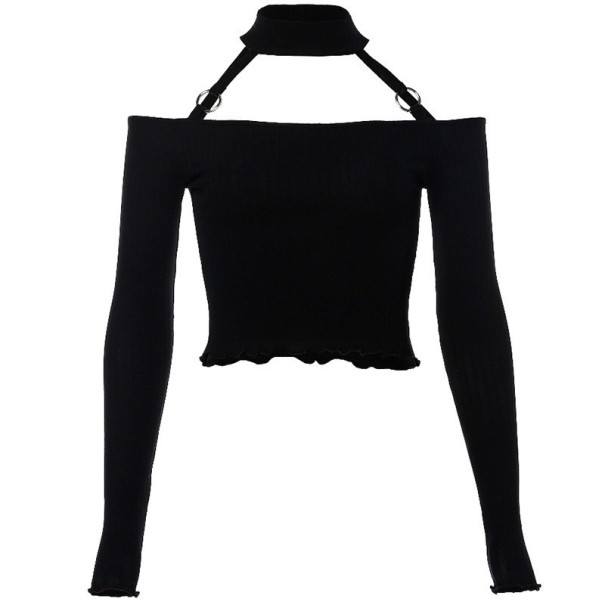Bluză de damă cu mâneci lungi și guler cu blugi negru XS