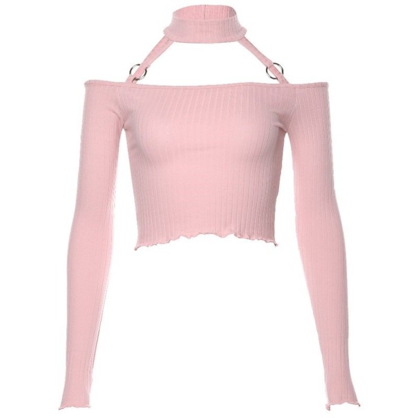 Bluză de damă cu mâneci lungi și guler cu blugi roz XS