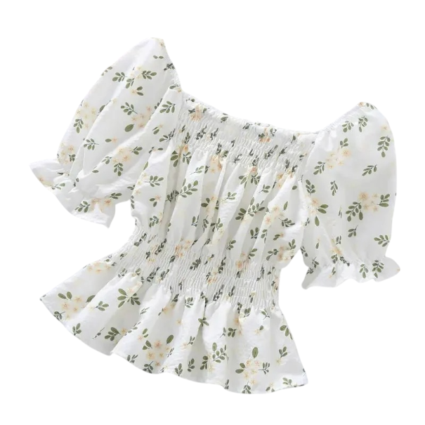 Bluză florală pentru femei cu umeri goi Mâneci scurte Croi plisat cu elastic în talie Bluză elegantă de vară verde XS