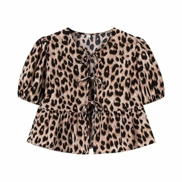 Bluză leopardă pentru femei cu legături Top scurt cu volane și mâneci bufante Bluză elegantă în talie Top de vară cu model S