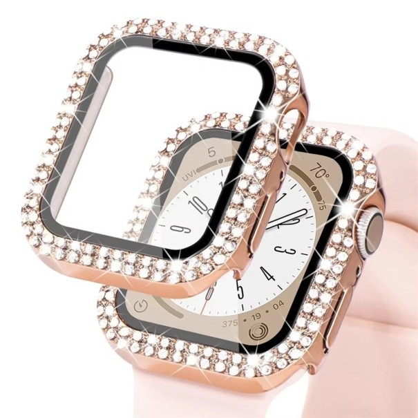 Błyszcząca obudowa do Apple Watch 45 mm Szkło hartowane ochrona wyświetlacza Full frame ochronna obudowa do Apple Watch Series 9 8 7 iWatch różowe złoto