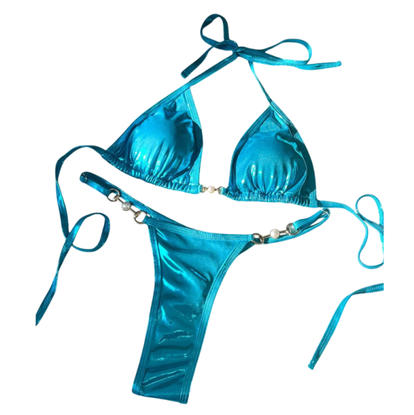 Błyszczące damskie bikini z trójkątną górą i perłowymi kopertówkami Seksowny krój stringów i zapięcie koronkowe Idealne na plażę i sesje zdjęciowe niebieski M