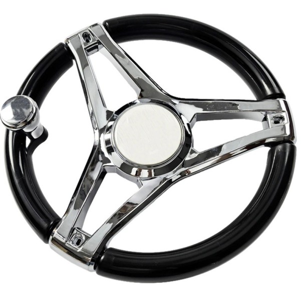 Boat Steering Wheel with Rotating Knob Diameter 34 cm Three-Spoke Chrome Arms Black Rim for Boat Yacht Motorboat and Fishing 1