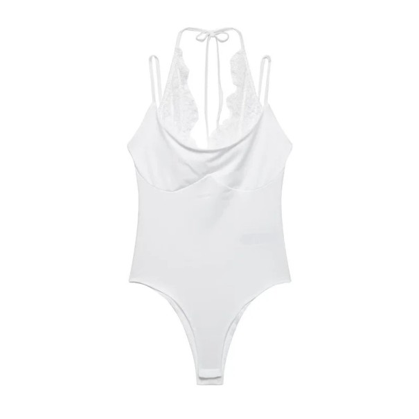 Body aderente da donna con spalline sottili e scollatura in pizzo, coppe sagomate e legatura dietro il collo in materiale elastico nero bianco M