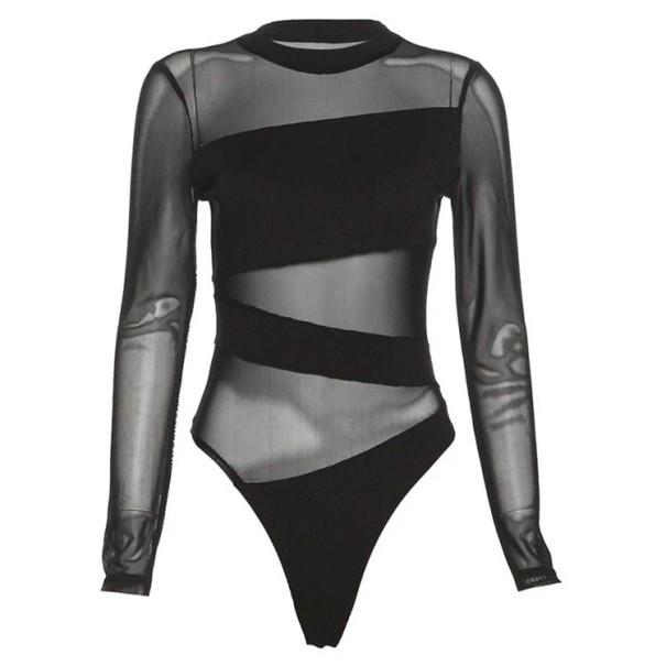 Body da donna con maniche lunghe e colletto, parti in rete trasparente, strisce asimmetriche e vestibilità aderente in materiale elastico nero XL