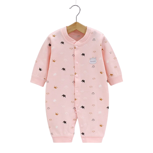 Body de algodón con mangas largas y diseño de coronas. Mono rosa para recién nacidos. Escote en V. Cierre a presión. 6-9 meses