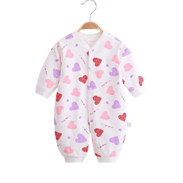 Body de algodón con mangas largas y estampado de corazones Mono blanco para recién nacidos Escote en V Cierre a presión Ropa de bebé 6-9 meses