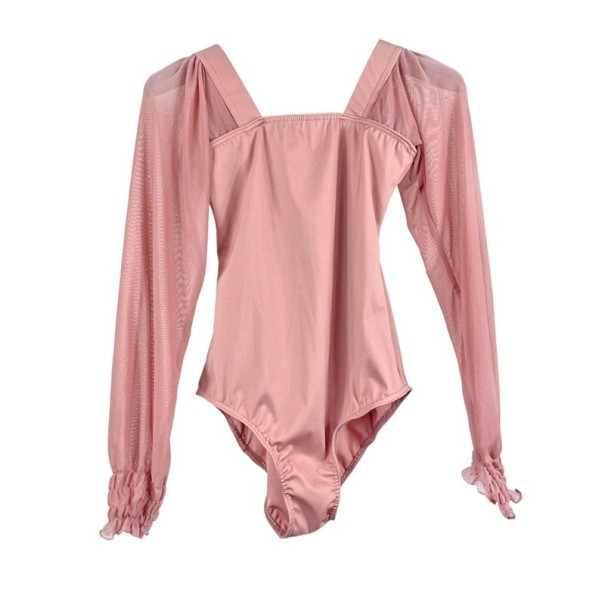 Body de dans pentru femei cu mâneci lungi și spate adânc, mâneci transparente, material nylon și elastan, pentru balet și dans roz M