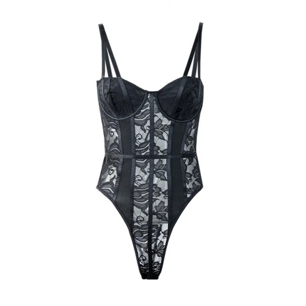 Body de encaje con corset para mujer con tirantes, copas moldeadas y encaje transparente con cierre en la entrepierna, negro S