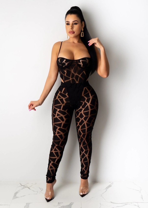 Body e calças transparentes para senhora preto M