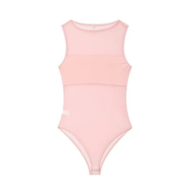 Body feminino transparente em rede sem mangas com decote redondo e faixa opaca sobre o peito em material elástico ajustado rosa S