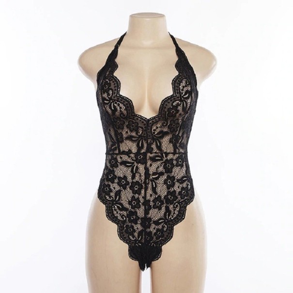 Body in pizzo da donna con scollatura profonda nero M