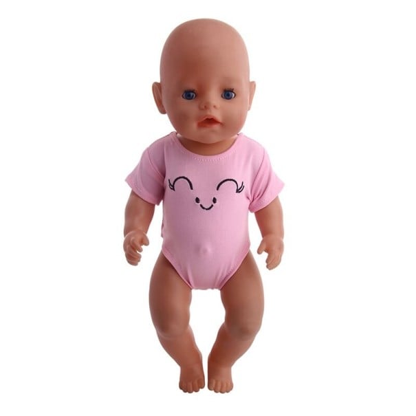 Bodysuit for a 43 cm Doll with Short Sleeves Embroidered Smiling Face Textile Clothing for Playing and Dressing Up the Doll pink