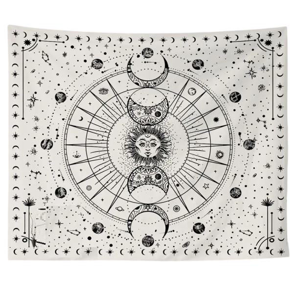 Bohémská tapiserie na zeď 60 x 90 cm Slunce Měsíc Souhvězdí Planety Dekorace Ložnice Obývací pokoj Meditační místnost Voděodolný závěs Praní v pračce bílá