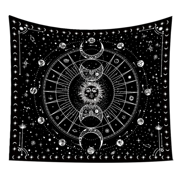 Bohémská tapiserie na zeď 60 x 90 cm Slunce Měsíc Souhvězdí Planety Dekorace Ložnice Obývací pokoj Meditační místnost Voděodolný závěs Praní v pračce černá