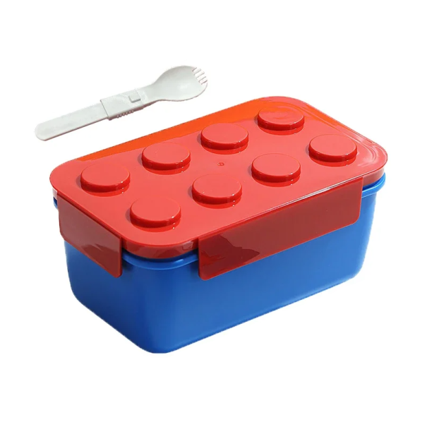 Boîte à lunch 1300 ml, design en blocs de construction, boîte à bento avec fourchette, trois compartiments, verrouillable, micro-ondes, lave-vaisselle, boîte à lunch portable rouge