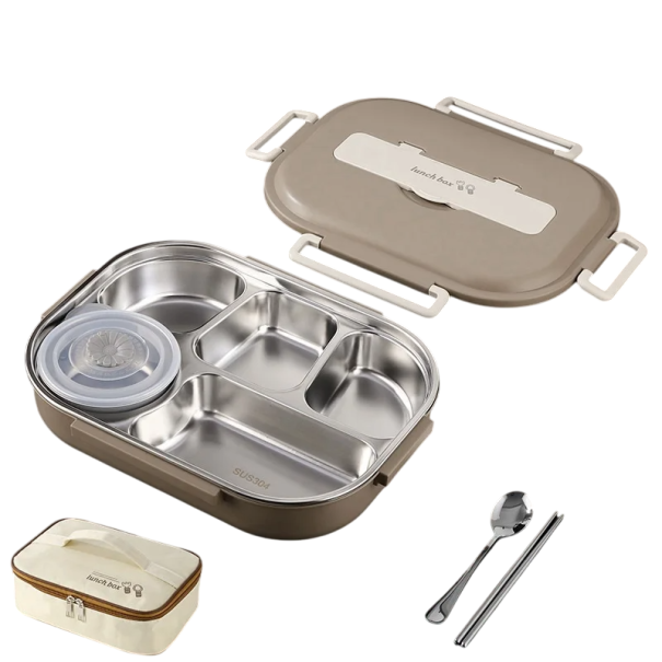 Boîte à lunch isotherme en acier inoxydable 2000 ml 5 compartiments avec sac, bol à soupe, cuillère, baguettes, thermos portable pour le travail et l’école marron