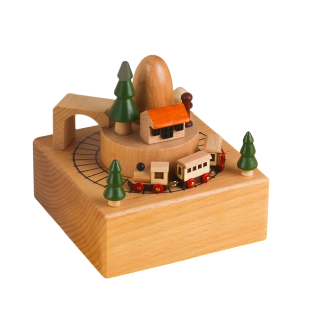 Boîte à musique en bois tournante train pont maison scène mécanisme manuel 11 × 11 × 13 cm décoration en bois naturel 1