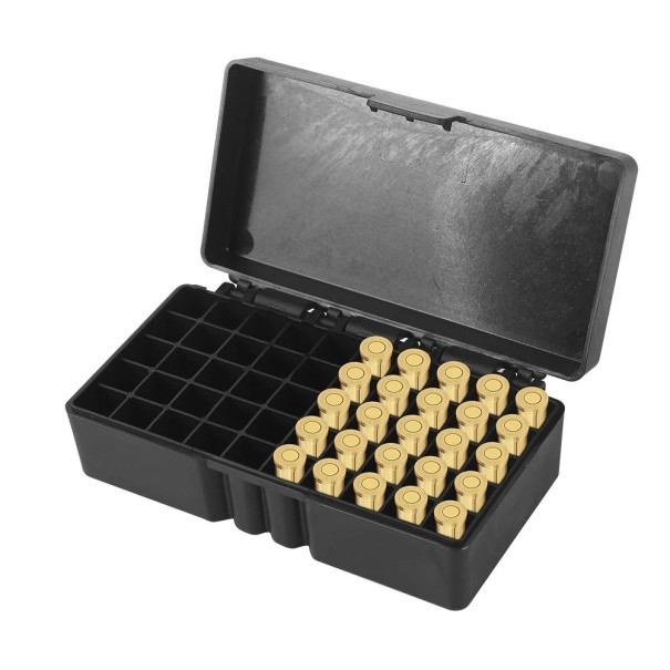 Boîte en plastique pour munitions 9mm avec compartiments capacité 50 pcs boîte en plastique pour un rangement et une organisation clairs des munitions noir