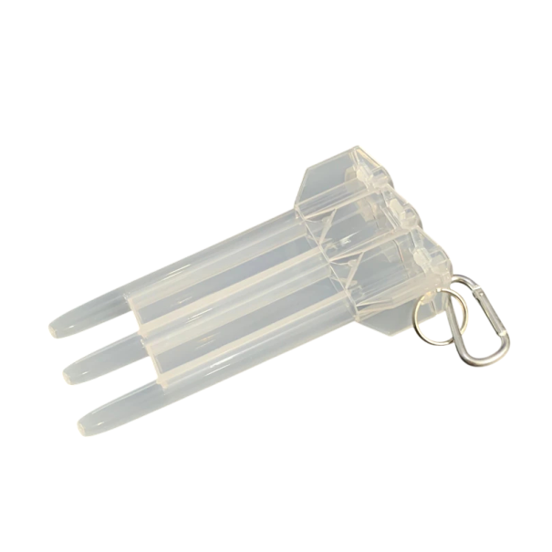 Boîte en plastique transparente pour fléchettes 17x8,5 cm étui résistant avec porte-clés pour pointes souples et flèches jusqu'à 7 mm blanc