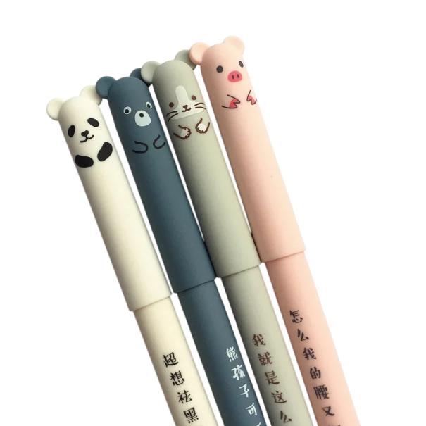 Bolígrafos de gel borrables de 0,35 mm, 4 unidades, animales kawaii, cerdo, gato, oso, ratón, papelería escolar, tinta azul, regalo para niños 1