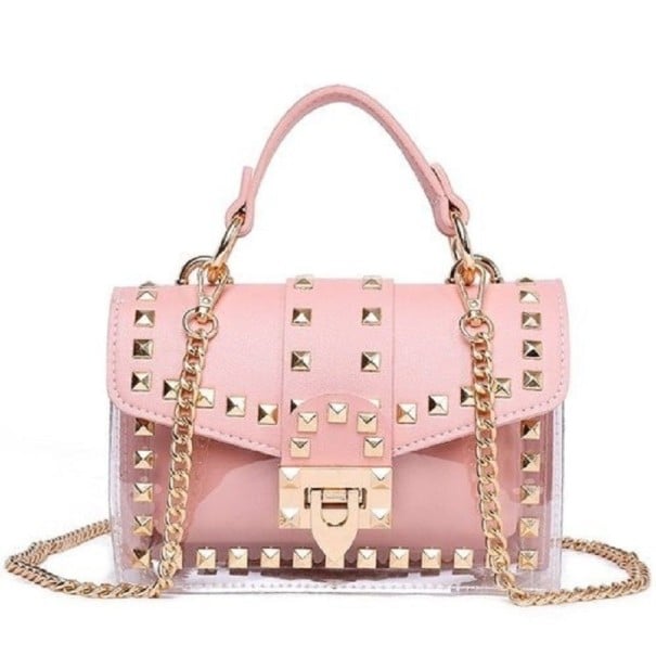 Bolsa crossbody feminina com aba decorada com tachas Corpo transparente em PVC Corrente dourada Alça para a mão Dimensões 19 x 13 x 6 cm rosa