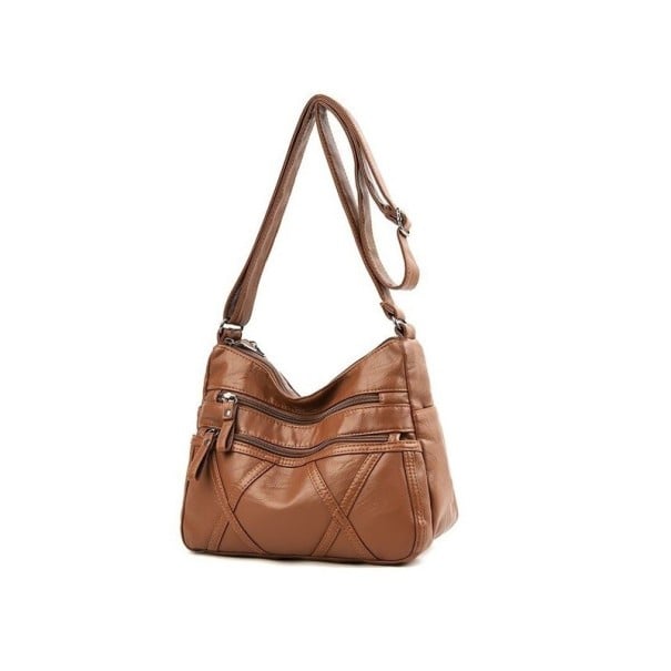 Bolsa crossbody feminina em pele PU castanha Duas bolsas frontais com fecho Costura decorativa Alça ajustável Dimensões 26 x 20 x 11 cm 1