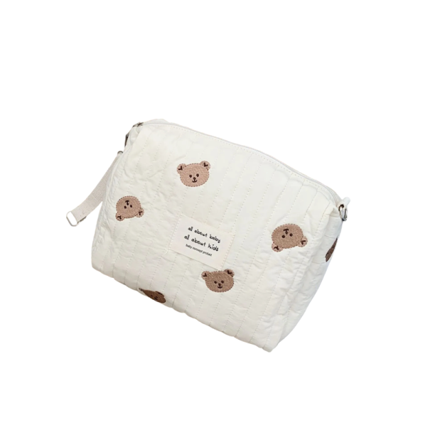 Bolsa de algodão portátil para fraldas 25 x 16 x 8 cm Bolsa de armazenamento com fecho de correr Bordado padrão ursos Organizador de pensos higiénicos e cosméticos 1