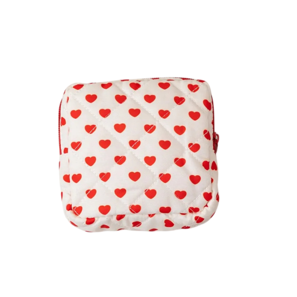 Bolsa de almacenamiento portátil para compresas y tampones 12,5 x 5 x 12,5 cm Organizador de gran capacidad Bolsa de poliéster con corazones blanco
