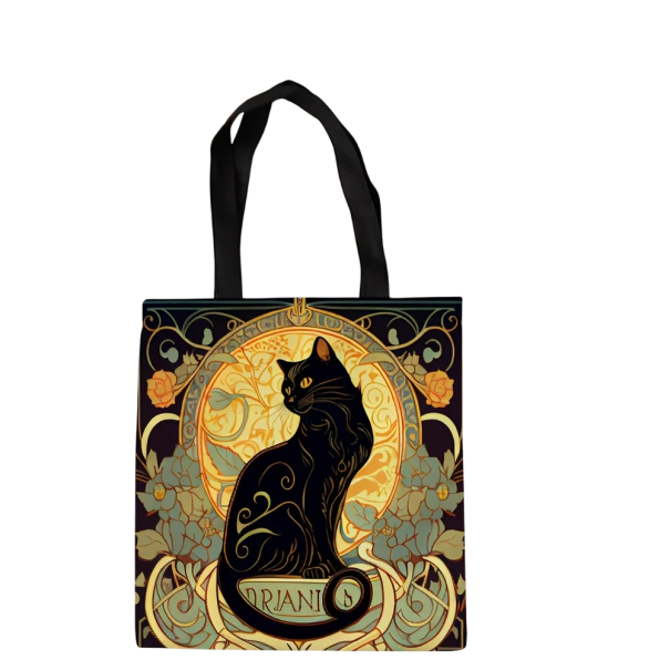 Bolsa de compra de lona 40x40 cm con motivo de gato negro Estampado artístico estilo Art Nouveau Bolso de hombro reutilizable negro