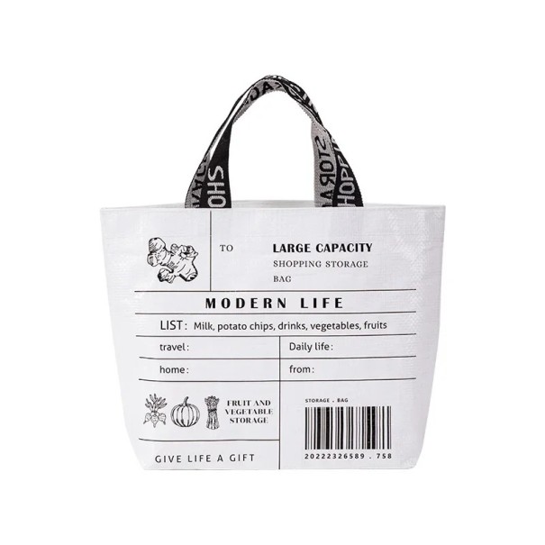 Bolsa de compra impermeable 33x33 cm fabricada en tejido PP Color blanco o verde Bolsa con estampado Bolsa grande portátil para verduras y compras blanco