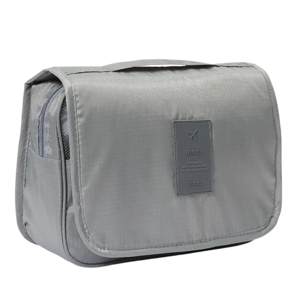 Bolsa de cosméticos de tecido impermeável 18,5 x 24 x 9,5 cm Organizador de viagem com gancho Estojo de toalete para maquilhagem Casa cinzento