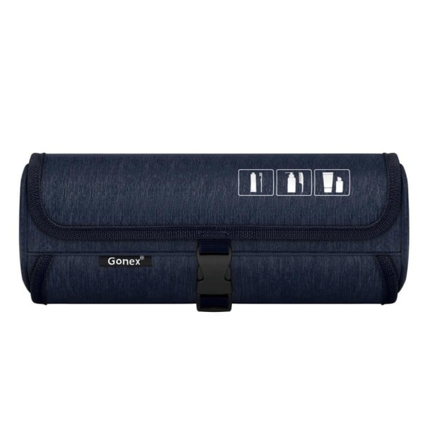 Bolsa de cosméticos de viaje enrollable con gancho para colgar Bolsillos transparentes con cremallera Cierre con hebilla Nylon y PVC azul oscuro