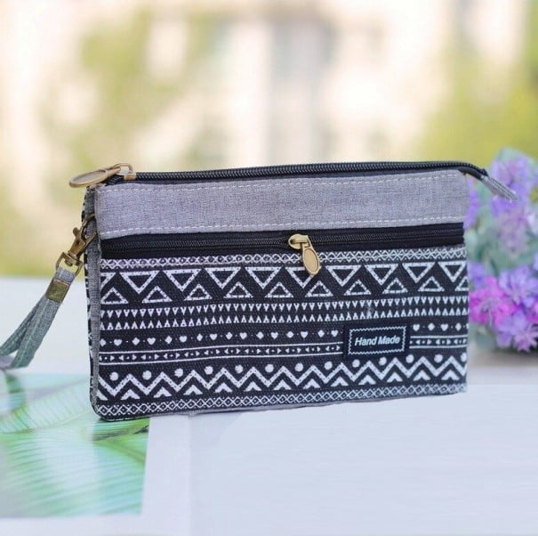 Bolsa de cosméticos feminina com dois compartimentos com fecho Padrão étnico geométrico Alça para o pulso Algodão com poliéster 19 x 11 x 2 preto