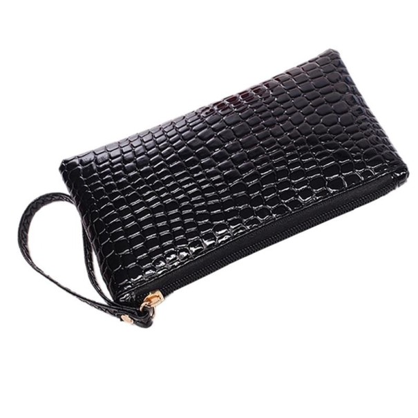 Bolsa de cosméticos feminina com fecho de correr e alça para o pulso Formato plano Superfície brilhante com relevo de pele de crocodilo 19 preto