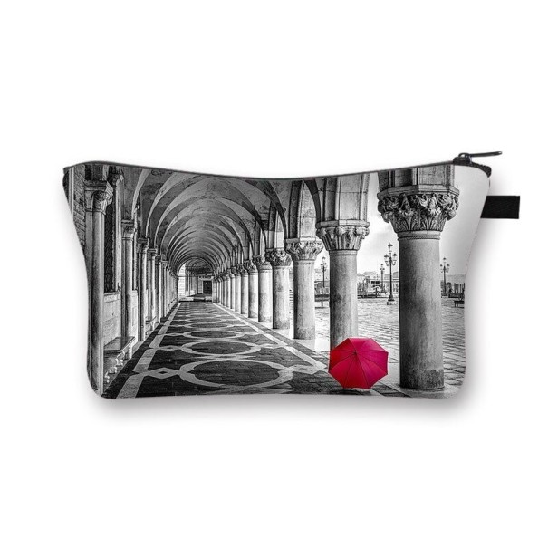 Bolsa de cosméticos feminina com impressão a preto e branco e detalhes vermelhos Motivos de cidades com guarda-chuvas e rosas Bolsa de poliéster 14