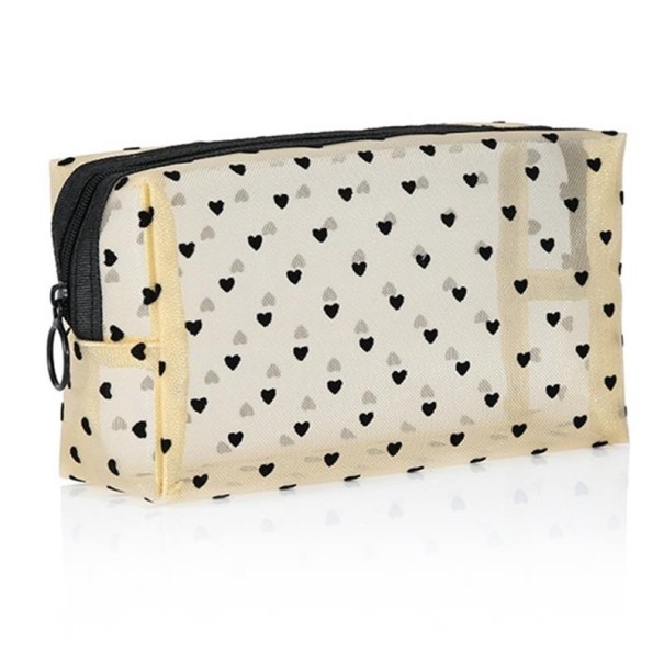 Bolsa de cosméticos feminina com padrão de corações Rede transparente de nylon Forma retangular Zíper com anel Bolsa de cosméticos para viagens 3