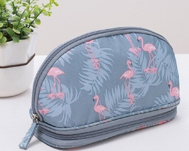 Bolsa de maquilhagem feminina de duas câmaras em forma oval feita de oxford e nylon Duas câmaras com fecho de correr Laços para pincéis e bolso 4