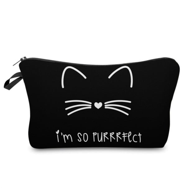 Bolsa de cosméticos para mujeres Negra con estampado de orejas y bigotes de gato Mensaje I’m so purrrfect Cierre de cremallera Poliéster 13,5 x 18 cm 1