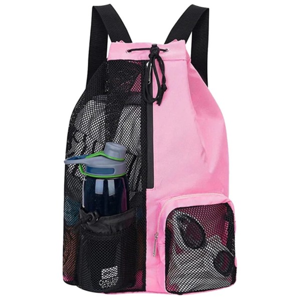 Bolsa de deporte de playa de malla de 48 x 32 cm, mochila de verano unisex con cordón de nailon para natación, baloncesto y equipamiento rosa