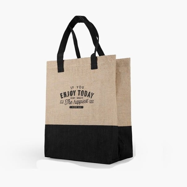 Bolsa de lino para mujer con parte inferior negra y asas negras Texto tipográfico en el centro Forma alta con laterales Para compras y uso diario 2