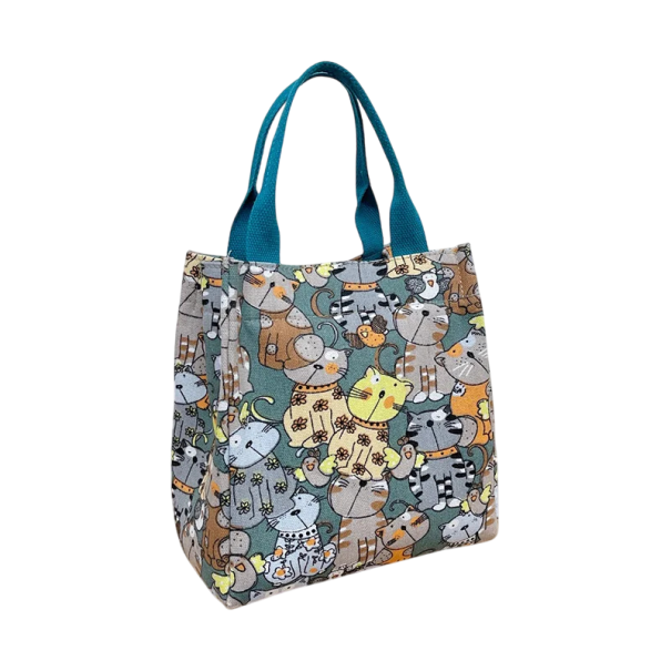 Bolsa de lona con estampado de gatos 24 x 26 x 14 cm Bolsa de compra con cremallera Bolsa térmica para el almuerzo Práctico bolso con motivos de dibujos animados Bolsa ecológica reutilizable azul