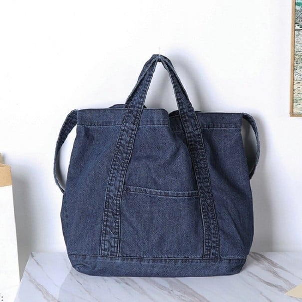 Bolsa de mano y hombro para mujer de mezclilla Azul oscuro de mezclilla con poliéster Dos asas cortas Correa lateral más larga Bolsillo delantero 1