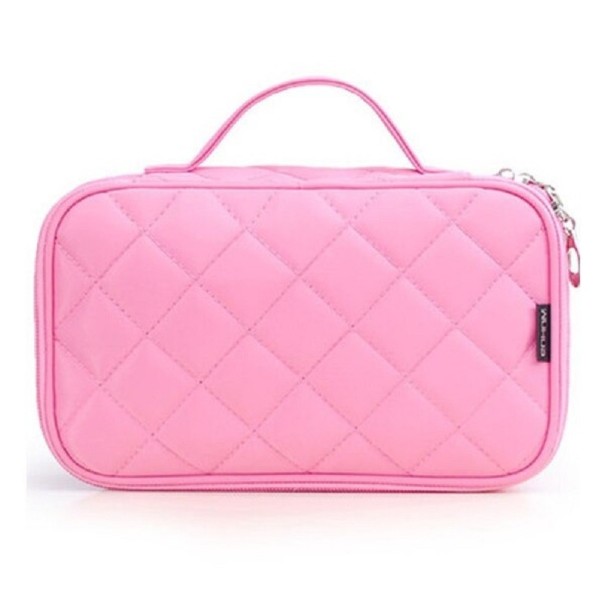 Bolsa de maquilhagem feminina com padrão acolchoado de losangos Estojo de nylon com fecho de correr e puxadores metálicos Organizador rosa M